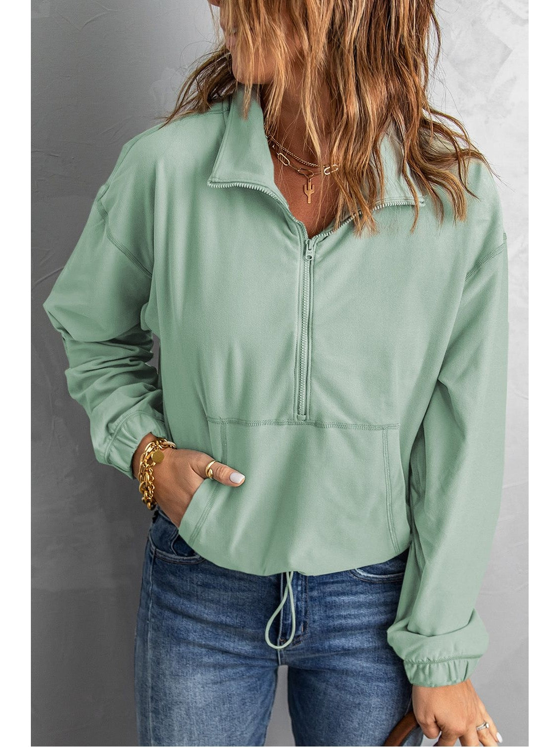 Women Half-Zip Exposed Seam Drawstring Hem Sweatshirt nicholesgifts