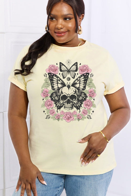 Women Full Size Skull & Butterfly Graphic Cotton Tee