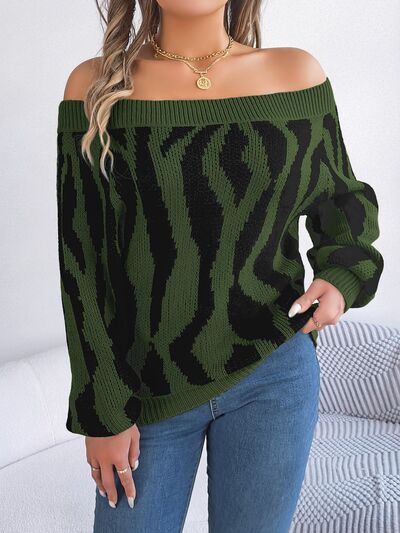 Women Off-Shoulder Animal Print Long Sleeve Sweater nicholesgifts