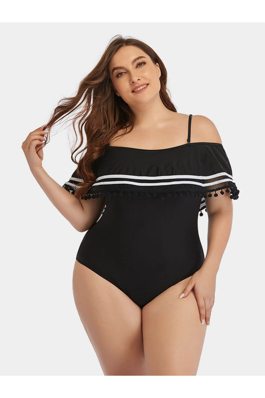 Women Plus Size Striped Cold-Shoulder One-Piece Swimsuit