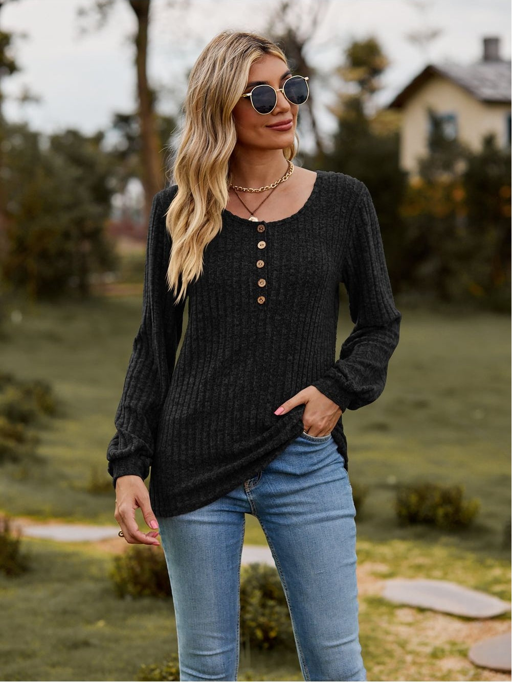 Women Round Neck Button-Down Long Sleeve Tee nicholesgifts