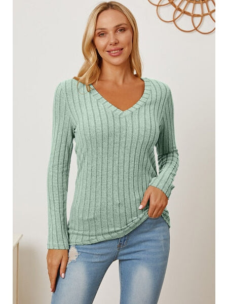 Women Basic Full Size Ribbed V-Neck Long Sleeve T-Shirt nicholesgifts