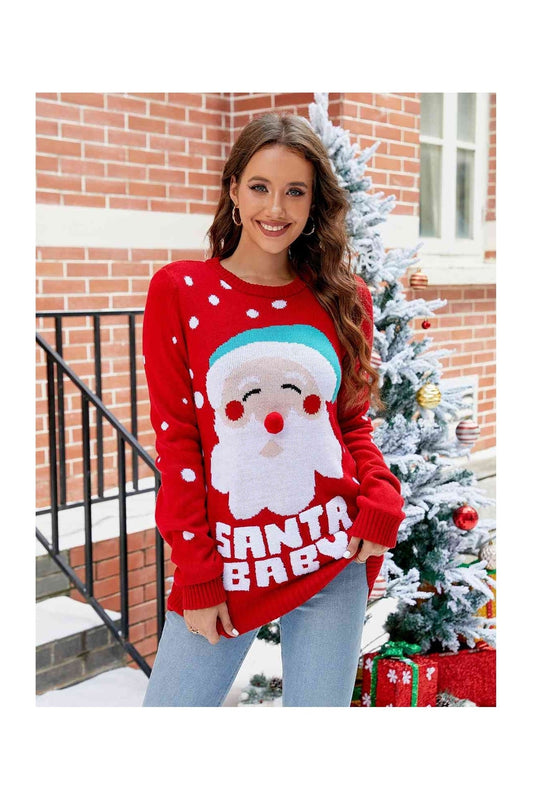 Women Santa Baby Graphic Long Sleeve Christmas Sweater nicholesgifts