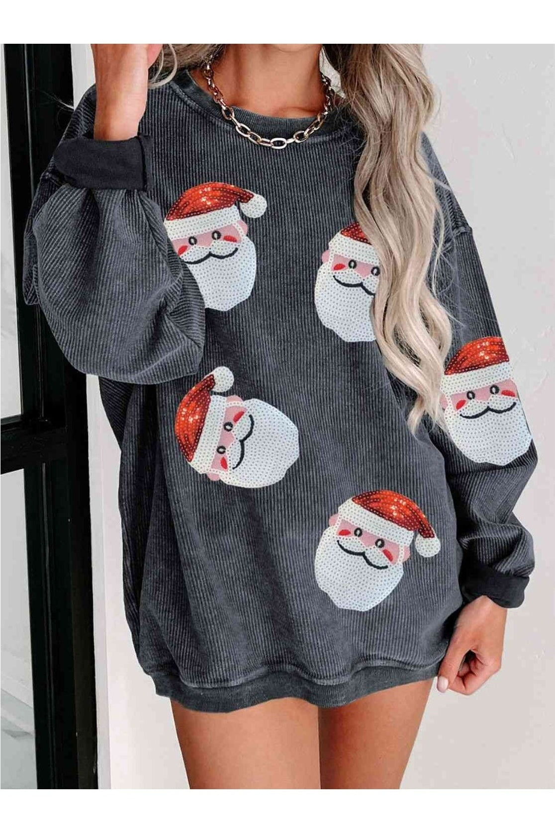 Women Sequin Santa Patch Ribbed Christmas Sweatshirt nicholesgifts