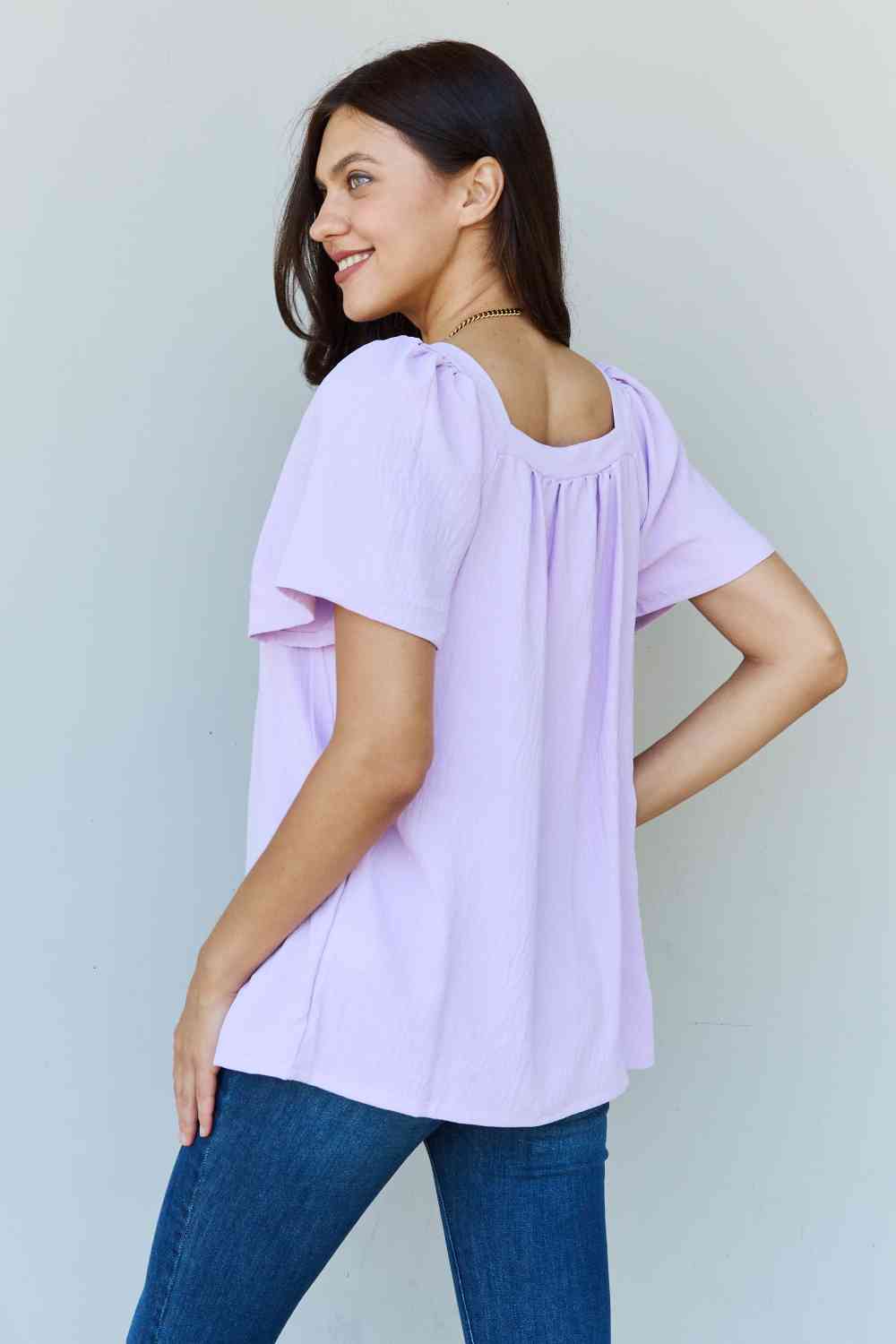 Women Keep Me Close Square Neck Short Sleeve Blouse in Lavender - Nicholesgifts.online
