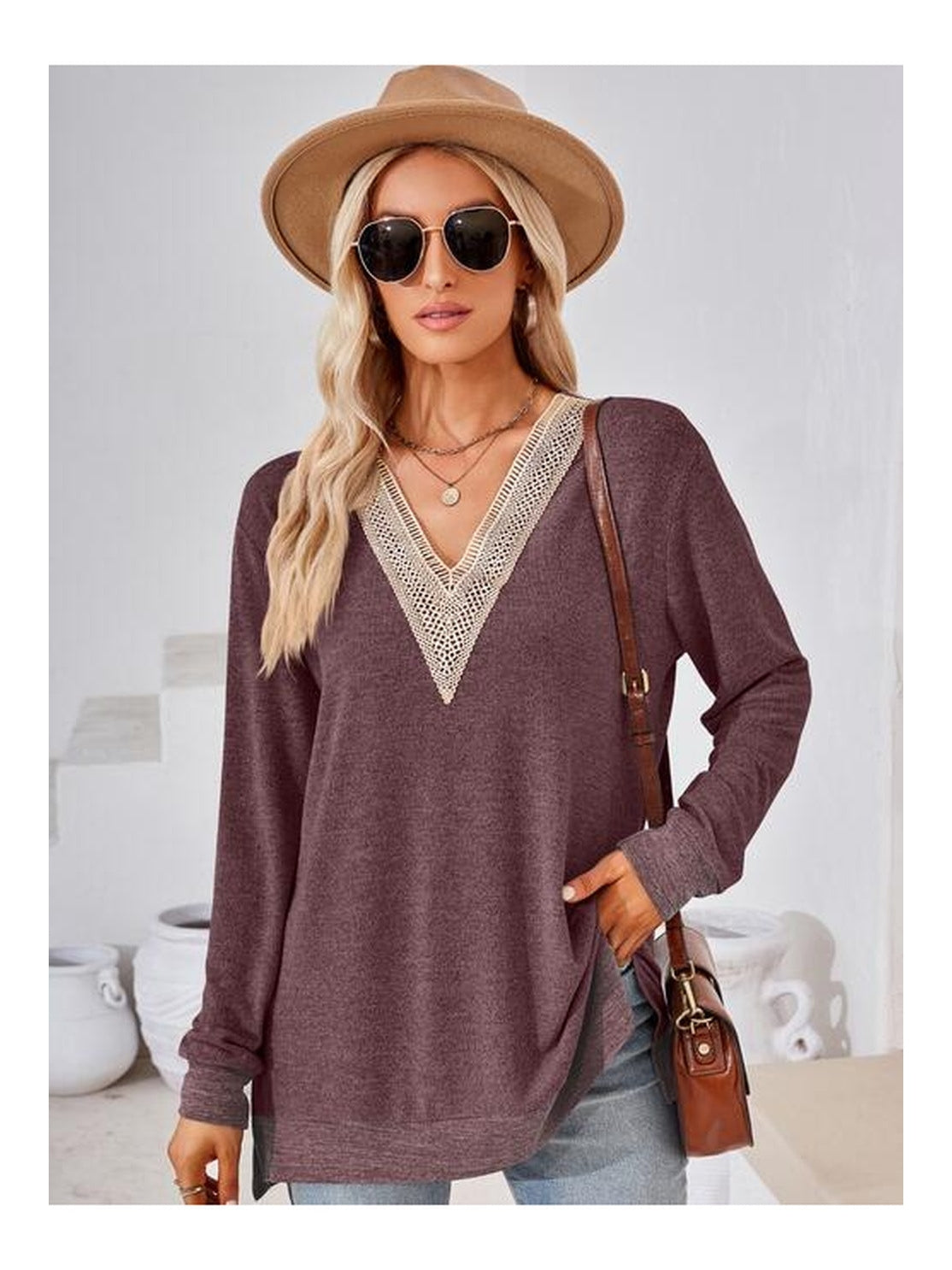 Women Crochet Contrast V-Neck Long Sleeve Slit T-Shirt nicholesgifts