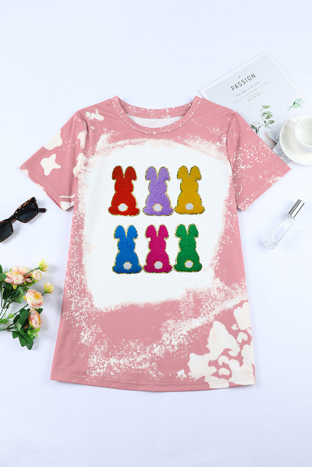 Women Rabbit Round Neck Short Sleeve Easter T-Shirt nicholesgifts