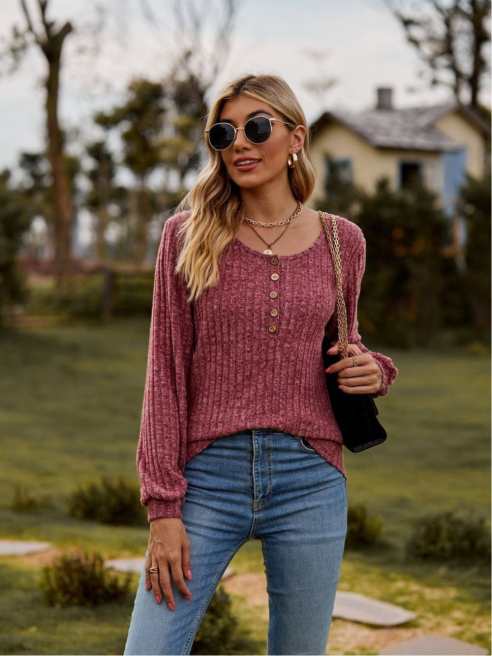 Women Round Neck Button-Down Long Sleeve Tee nicholesgifts