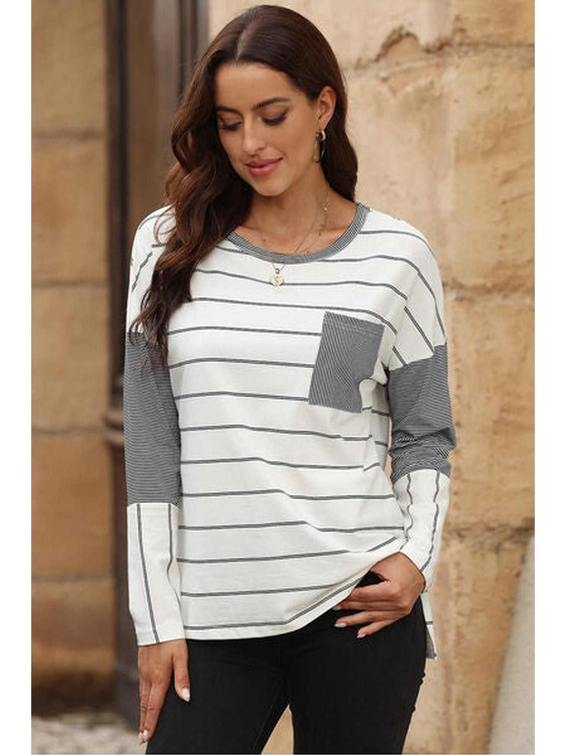 Women Pocketed Striped Round Neck T-Shirt nicholesgifts