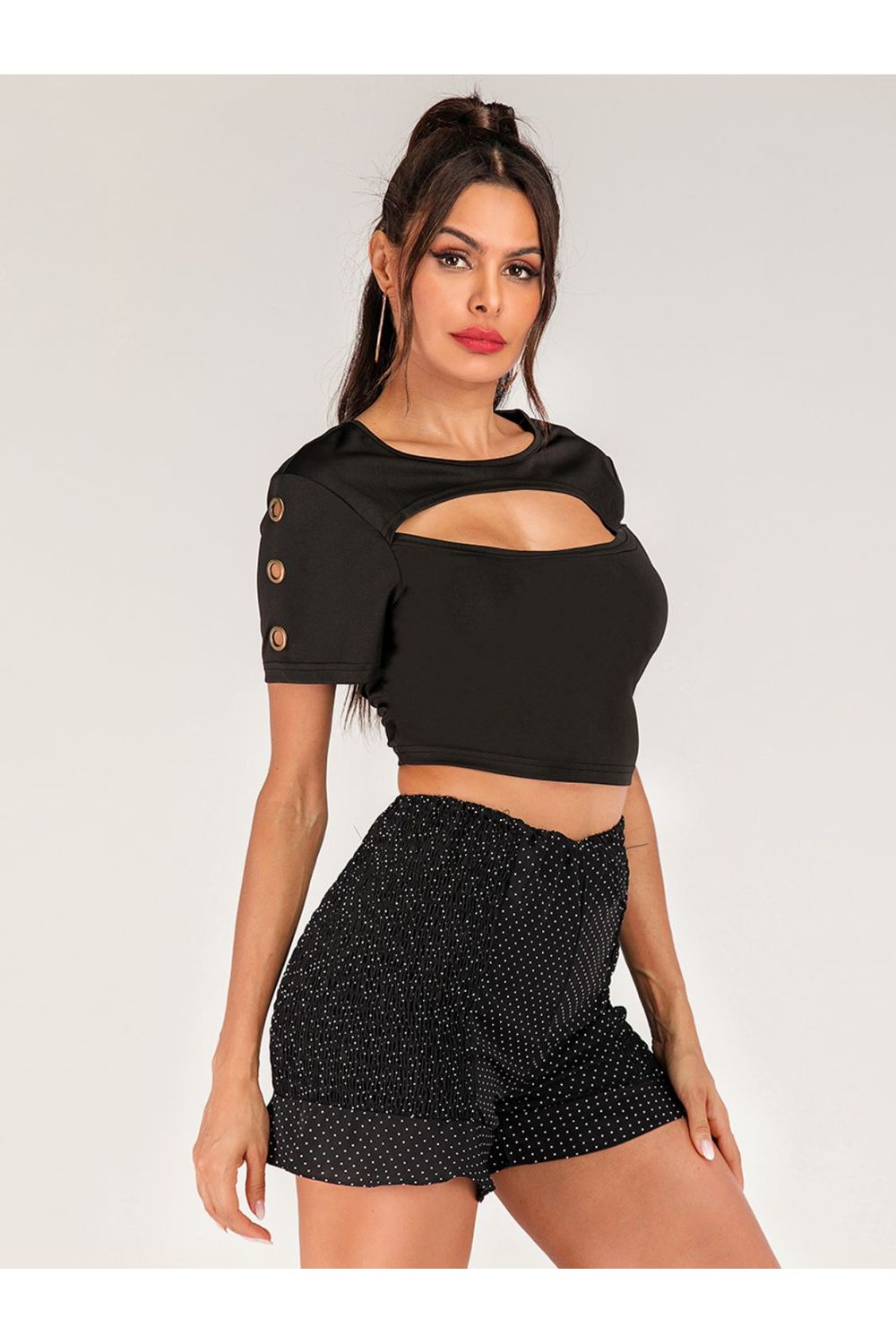 Women Cutout Grommet Detail Cropped Tee nicholesgifts