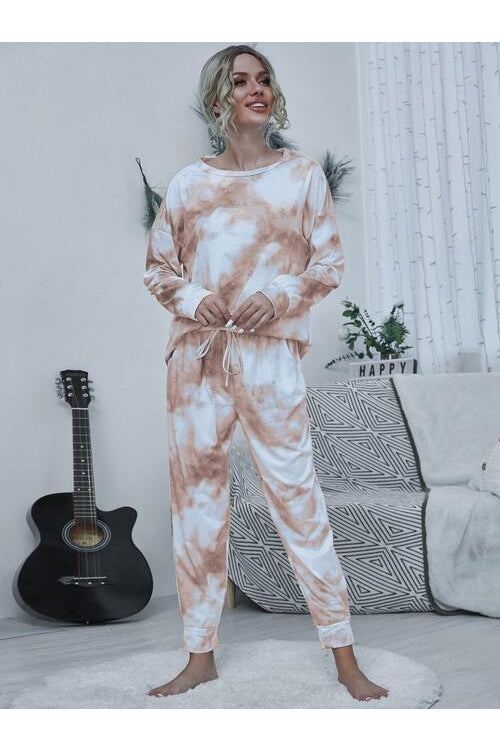 Women Tie-dye Round Neck Top and Drawstring Pants Lounge Set nicholesgifts