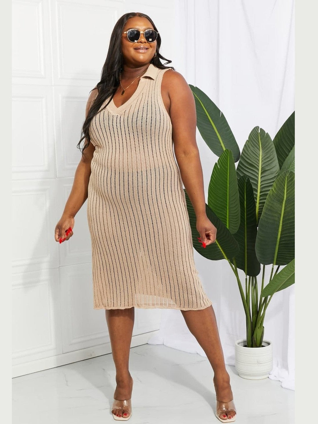 Women Openwork Johnny Collar Cover Up Dress nicholesgifts