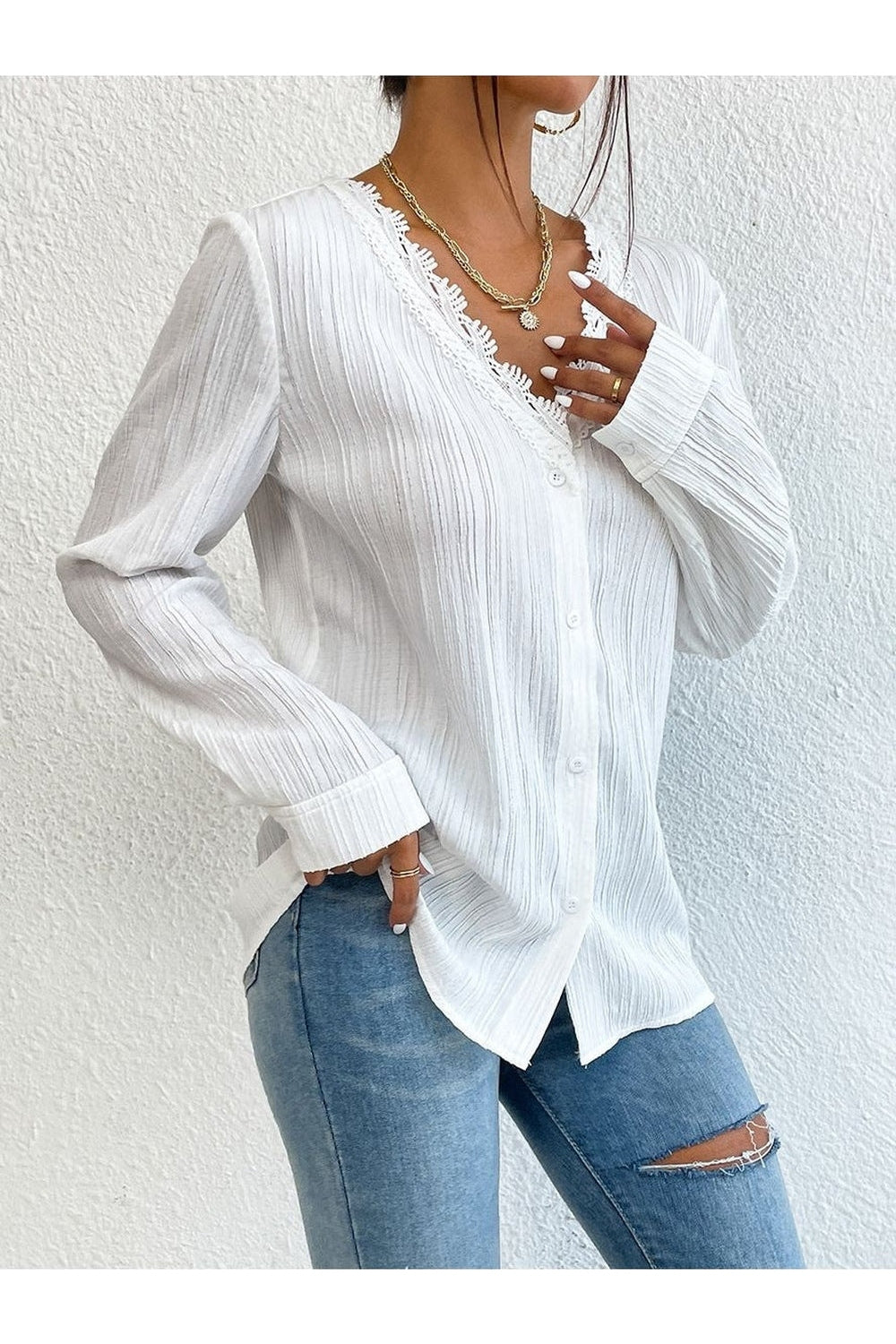 Women Lace Trim V-Neck Long Sleeve Shirt nicholesgifts