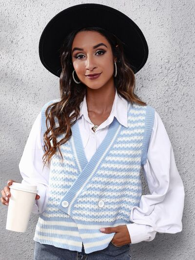 Women Striped Button Up V-Neck Sweater Vest nicholesgifts