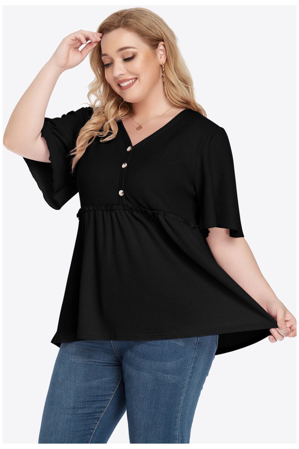 Plus Size Women Buttoned V-Neck Frill Trim Babydoll Blouse nicholesgifts