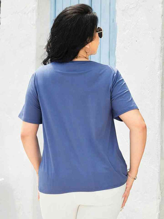 Plus Size Women Cutout Short Sleeve Azure Colored Top NicholesGifts