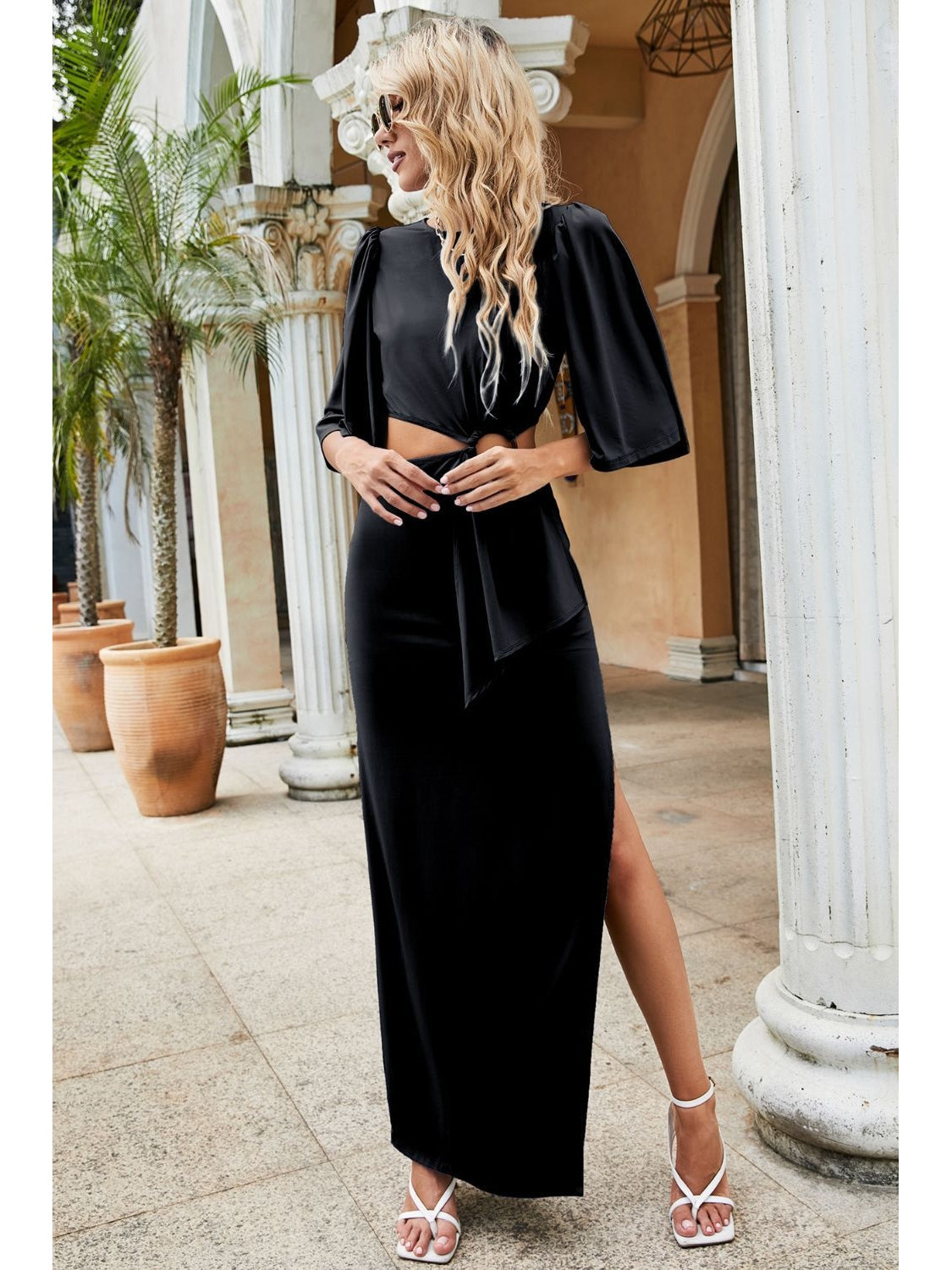 Women Cutout Split Puff Sleeve Maxi Dress NicholesGifts