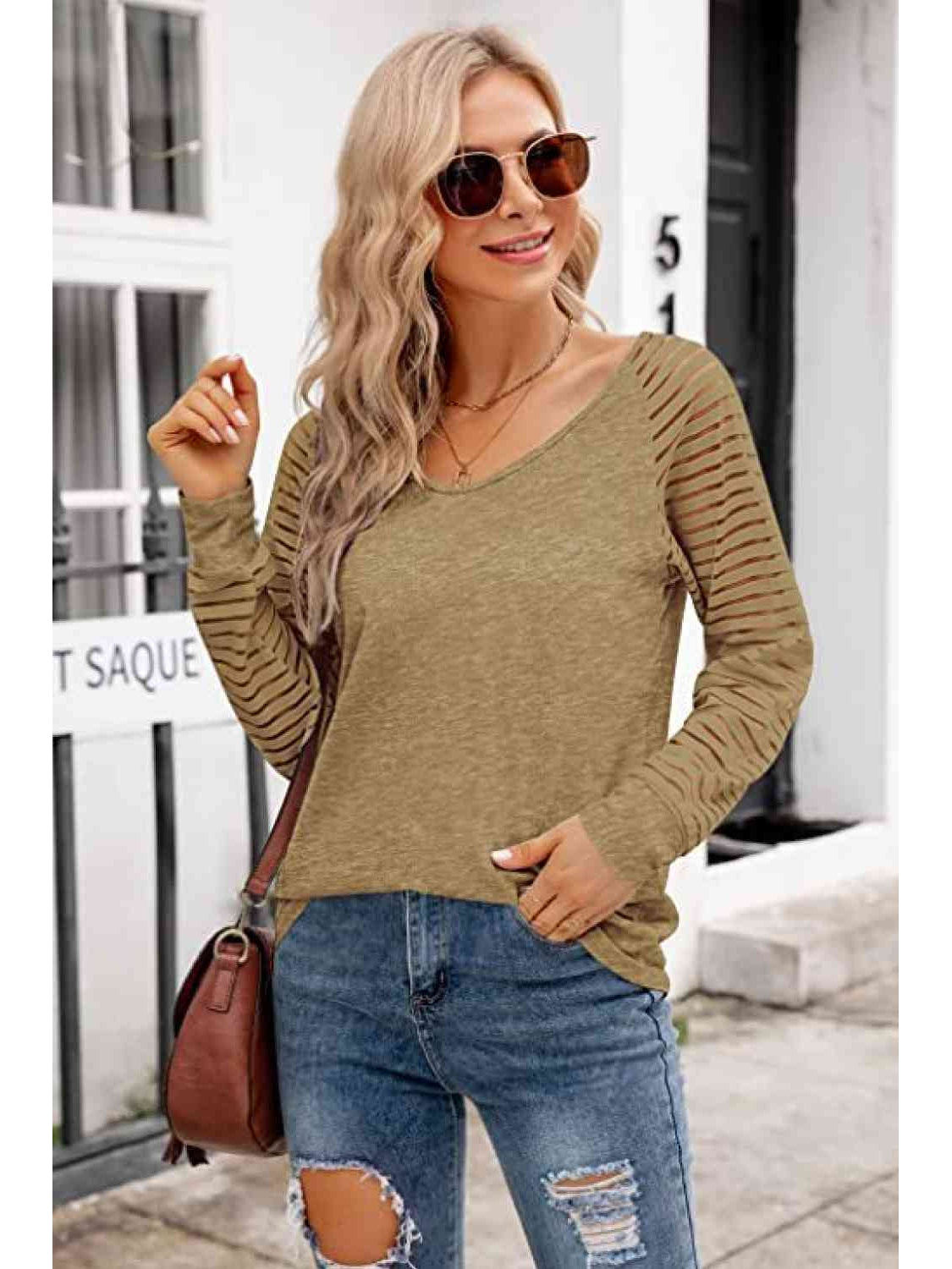 Women V-Neck Long Raglan Sleeve Top nicholesgifts