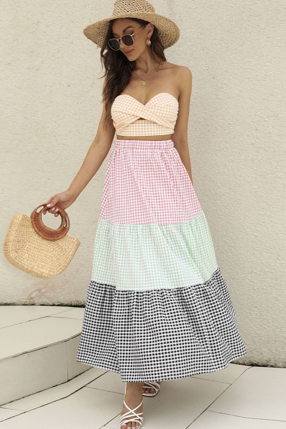 Women Plaid Strapless Top and Tiered Skirt Set