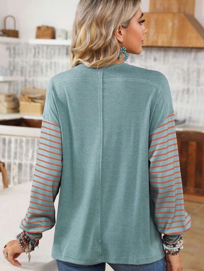 Women Round Neck Striped Long Sleeve Slit T-Shirt