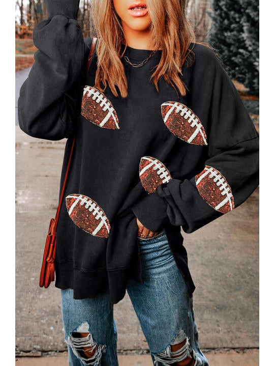 Women Sequin Football Patch Slit Sweatshirt nicholesgifts