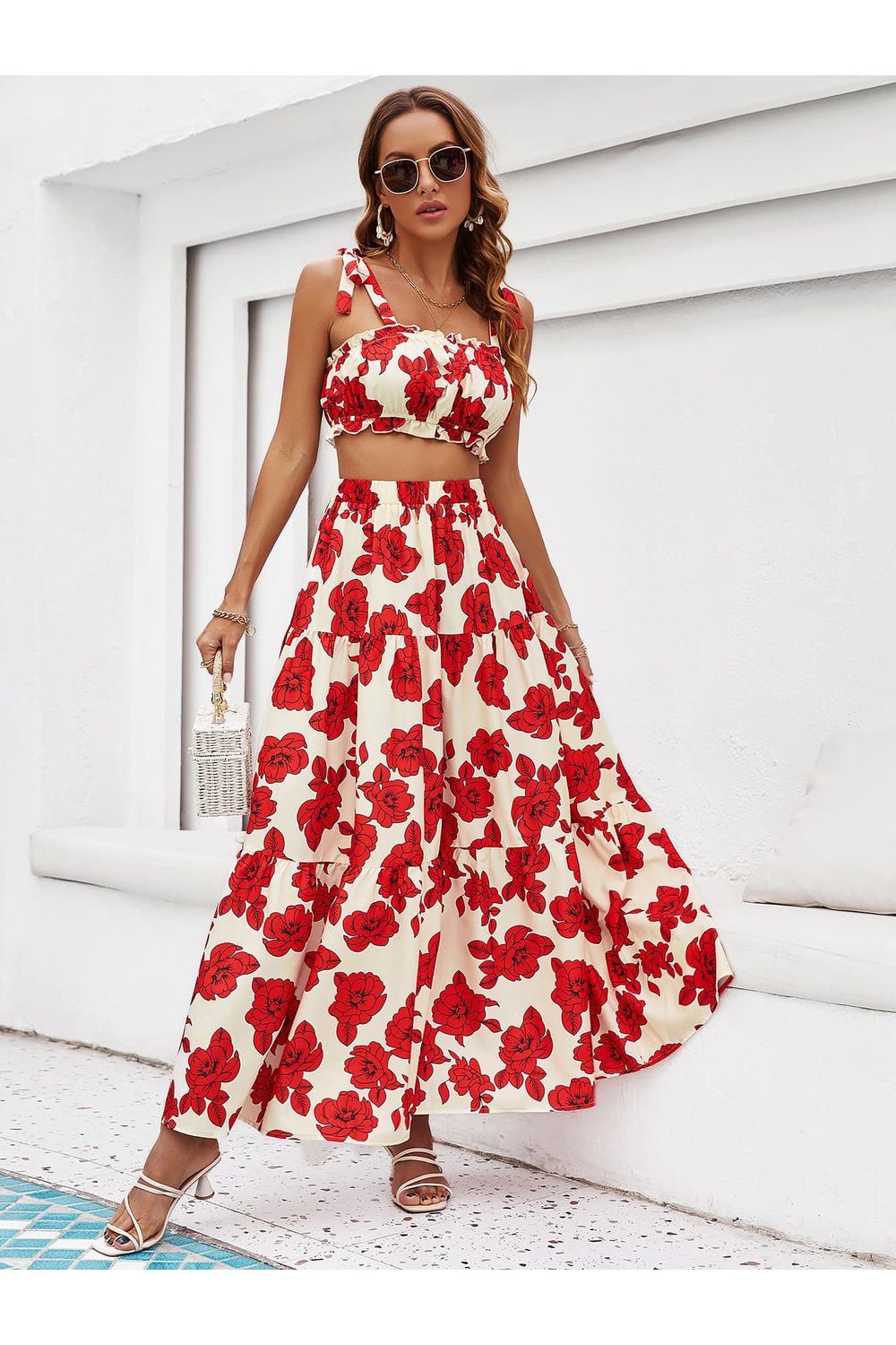 Women Floral Tie Shoulder Top and Tiered Maxi Skirt Set nicholesgifts