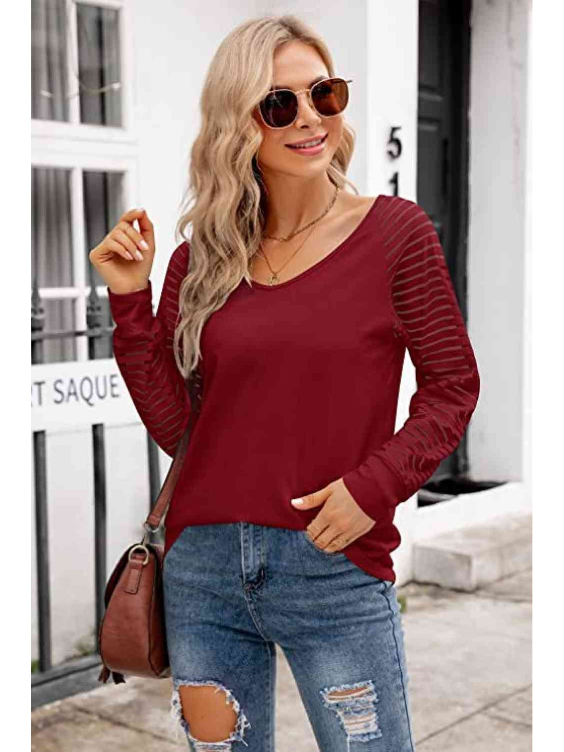 Women V-Neck Long Raglan Sleeve Top nicholesgifts