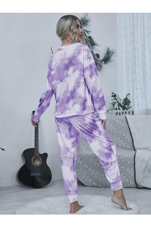 Women Tie-dye Round Neck Top and Drawstring Pants Lounge Set nicholesgifts