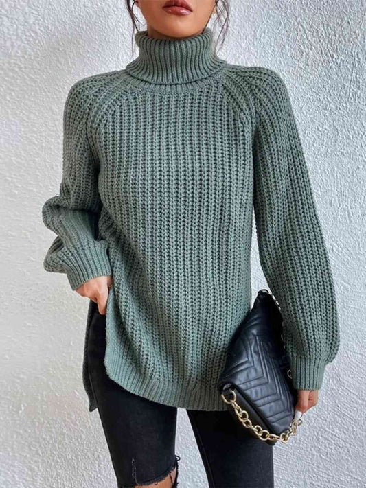 Full Size Women Turtleneck Rib-Knit Slit Sweater