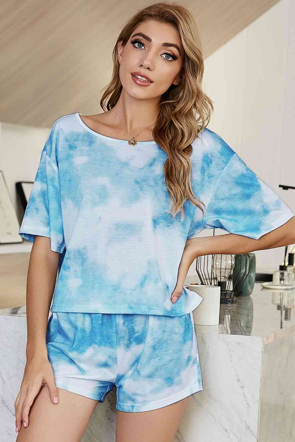 Women Tie-Dye Boat Neck Top and Shorts Lounge Set nicholesgifts