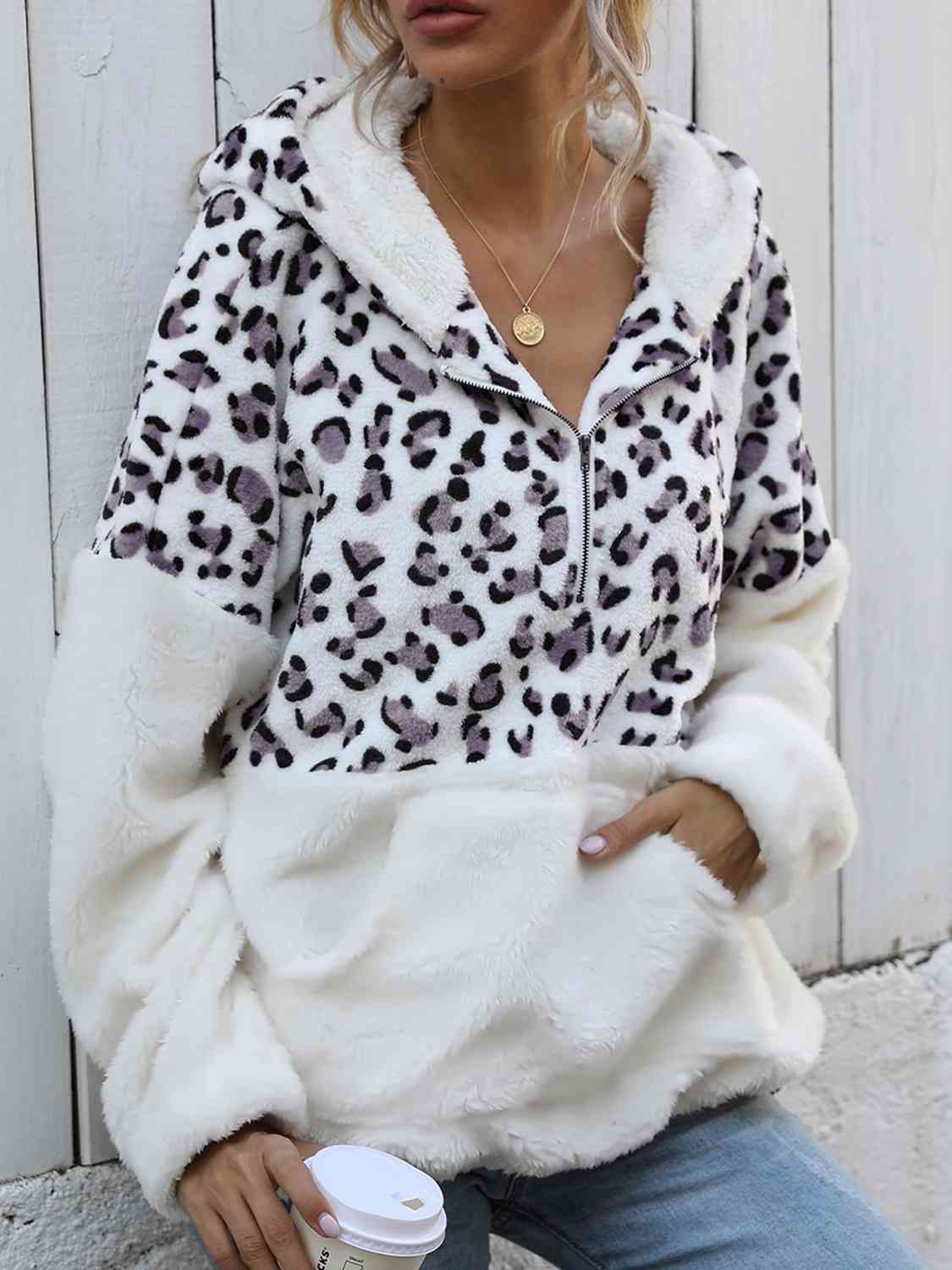 Women Leopard Half-Zip Dropped Shoulder Hoodie nicholesgifts