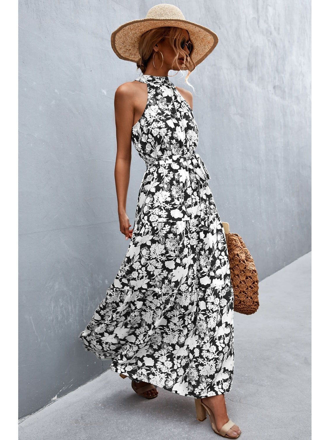 Women Printed Sleeveless Tie Waist Maxi Dress nicholesgifts