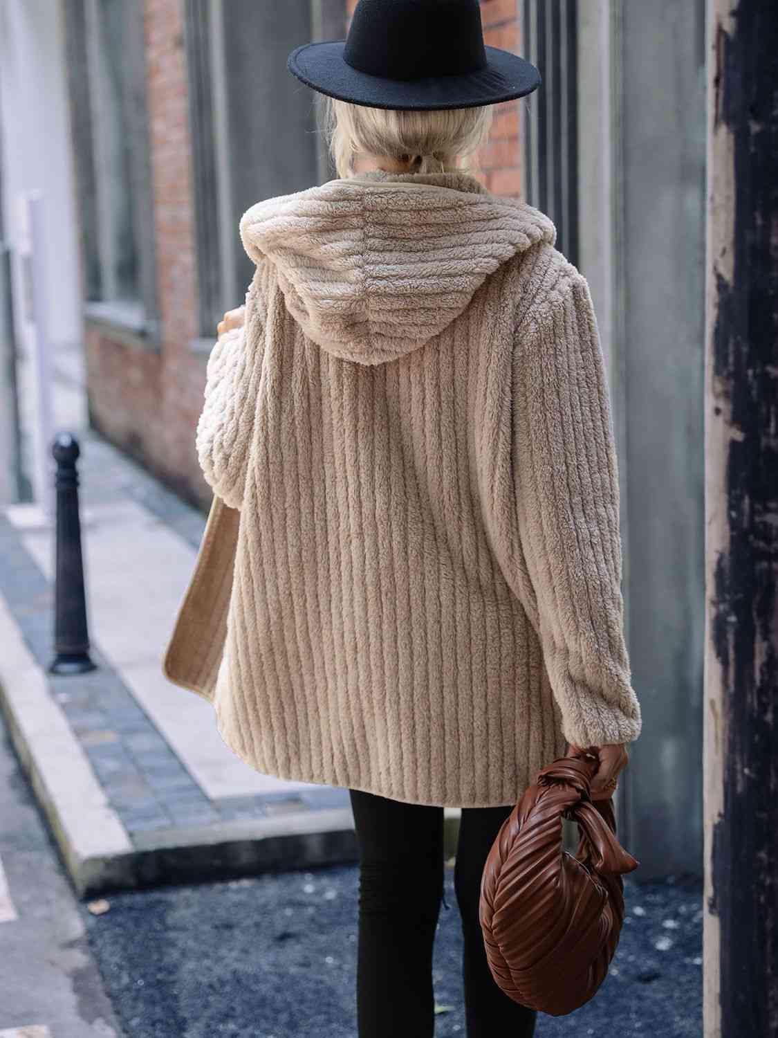 Women Open Front Ribbed Hooded Coat nicholesgifts