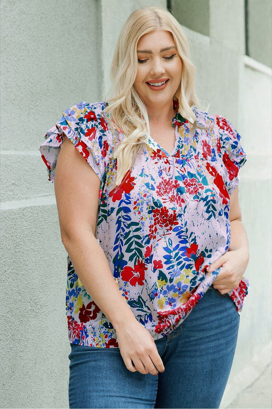 Plus Size Women Floral Smocked Flutter Short Sleeve Blouse nicholesgifts