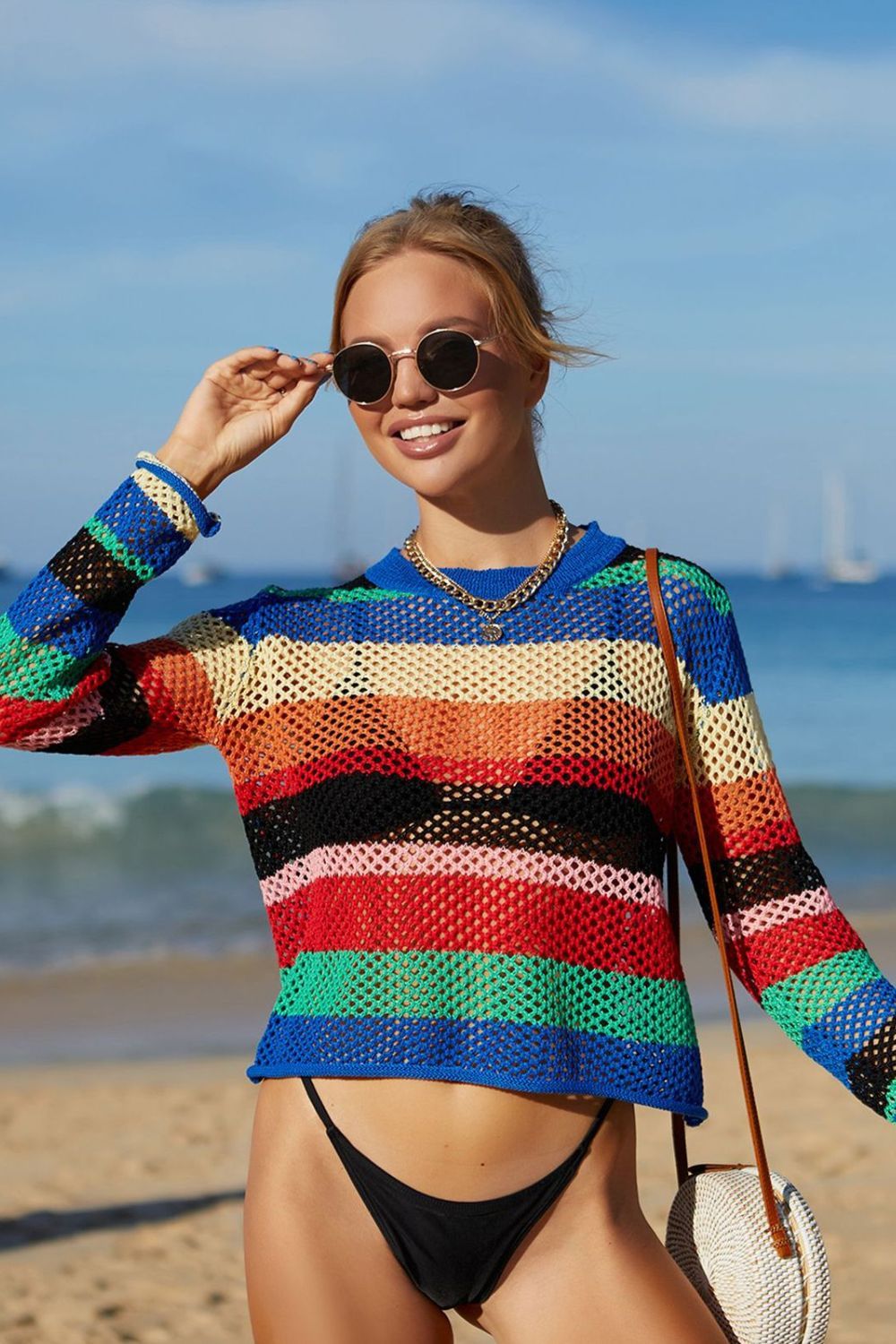 Women Rainbow Stripe Openwork Long Sleeve Cover-Up