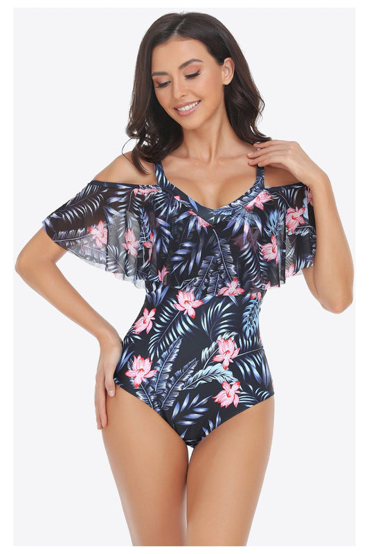 Women Botanical Print Cold-Shoulder Layered One-Piece Swimsuit - NicholesGifts.online