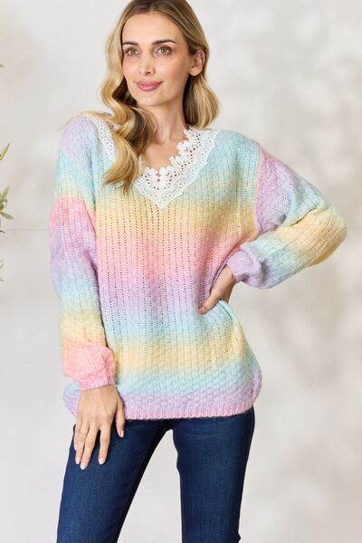 Women Rainbow Gradient Crochet Detail Sweater nicholesgifts