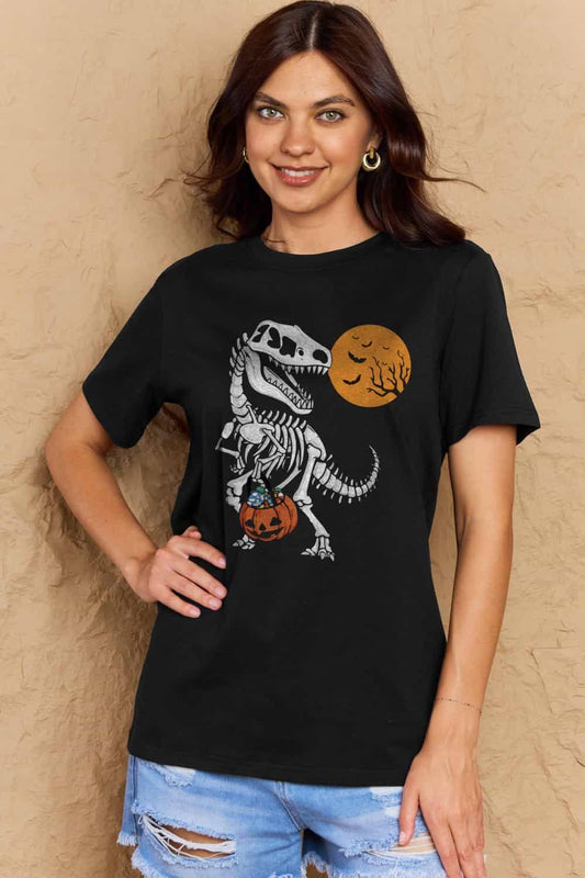 Women Full Size Dinosaur Skeleton Graphic Halloween Black Cotton T-Shirt NicholesGifts