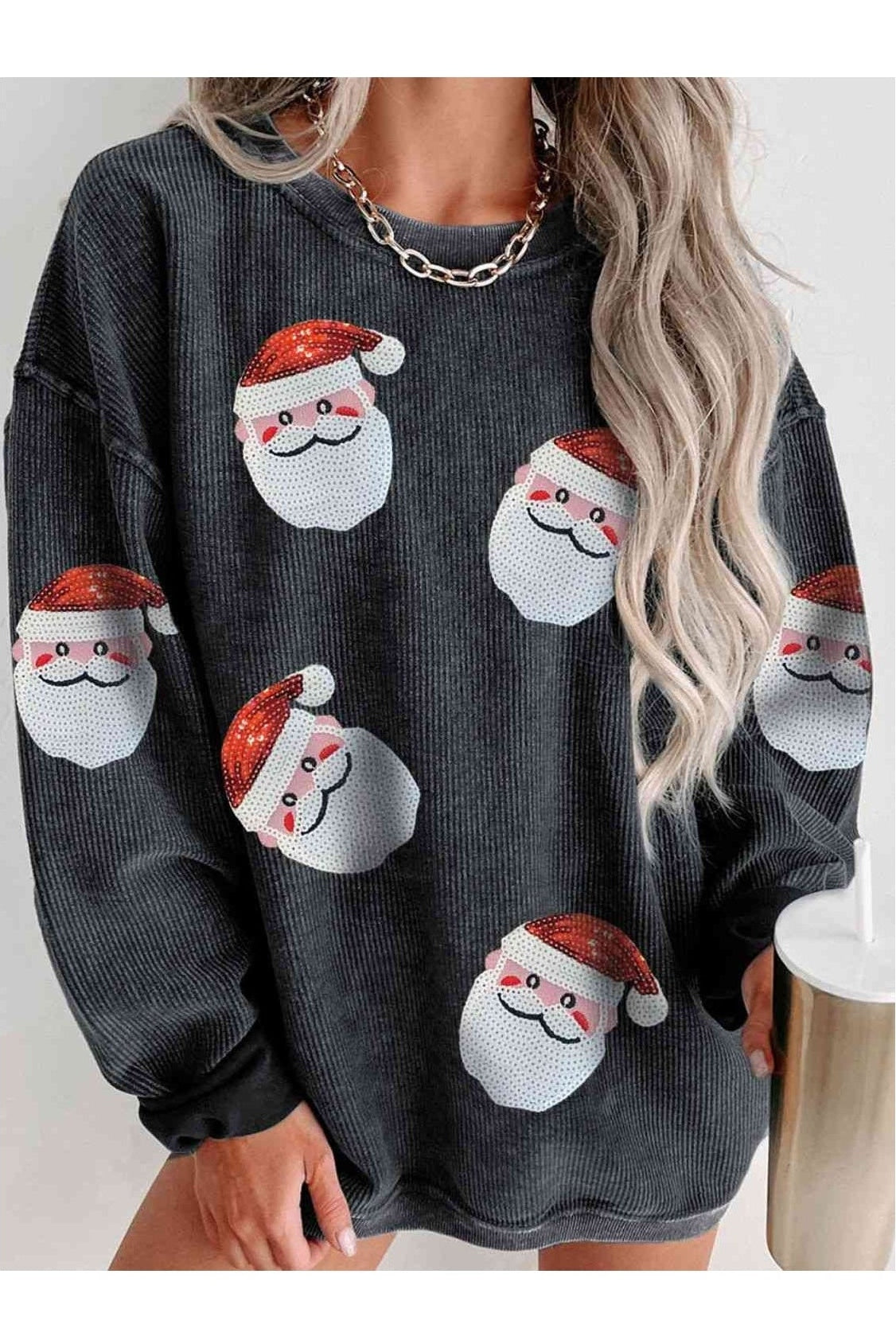 Women Sequin Santa Patch Ribbed Christmas Sweatshirt nicholesgifts