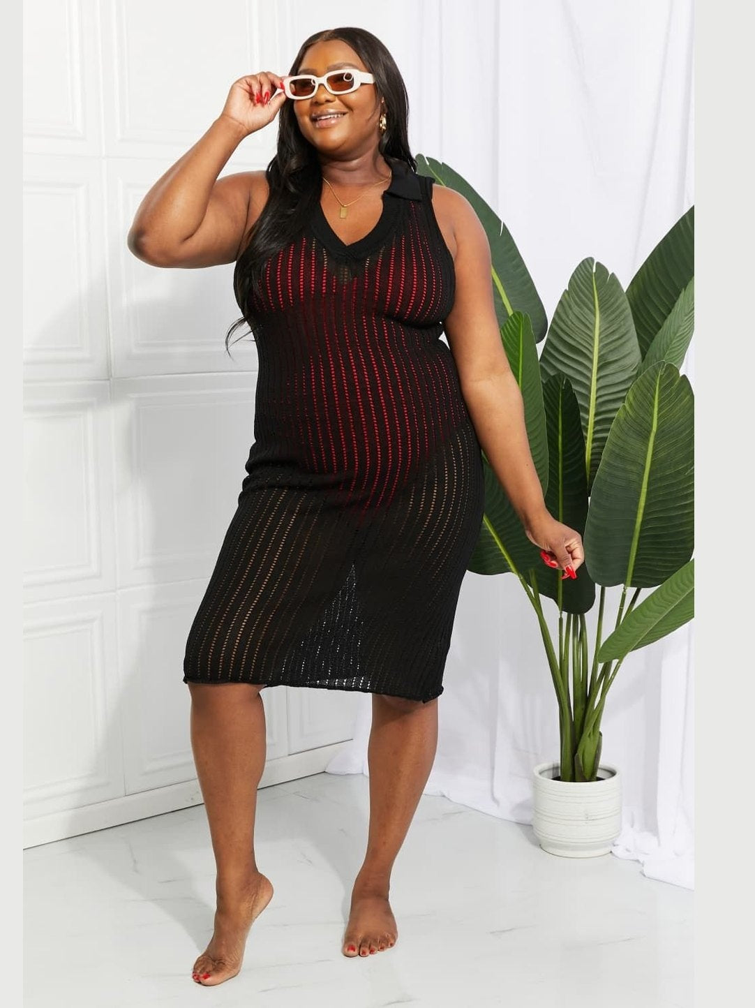 Women Openwork Johnny Collar Cover Up Dress nicholesgifts