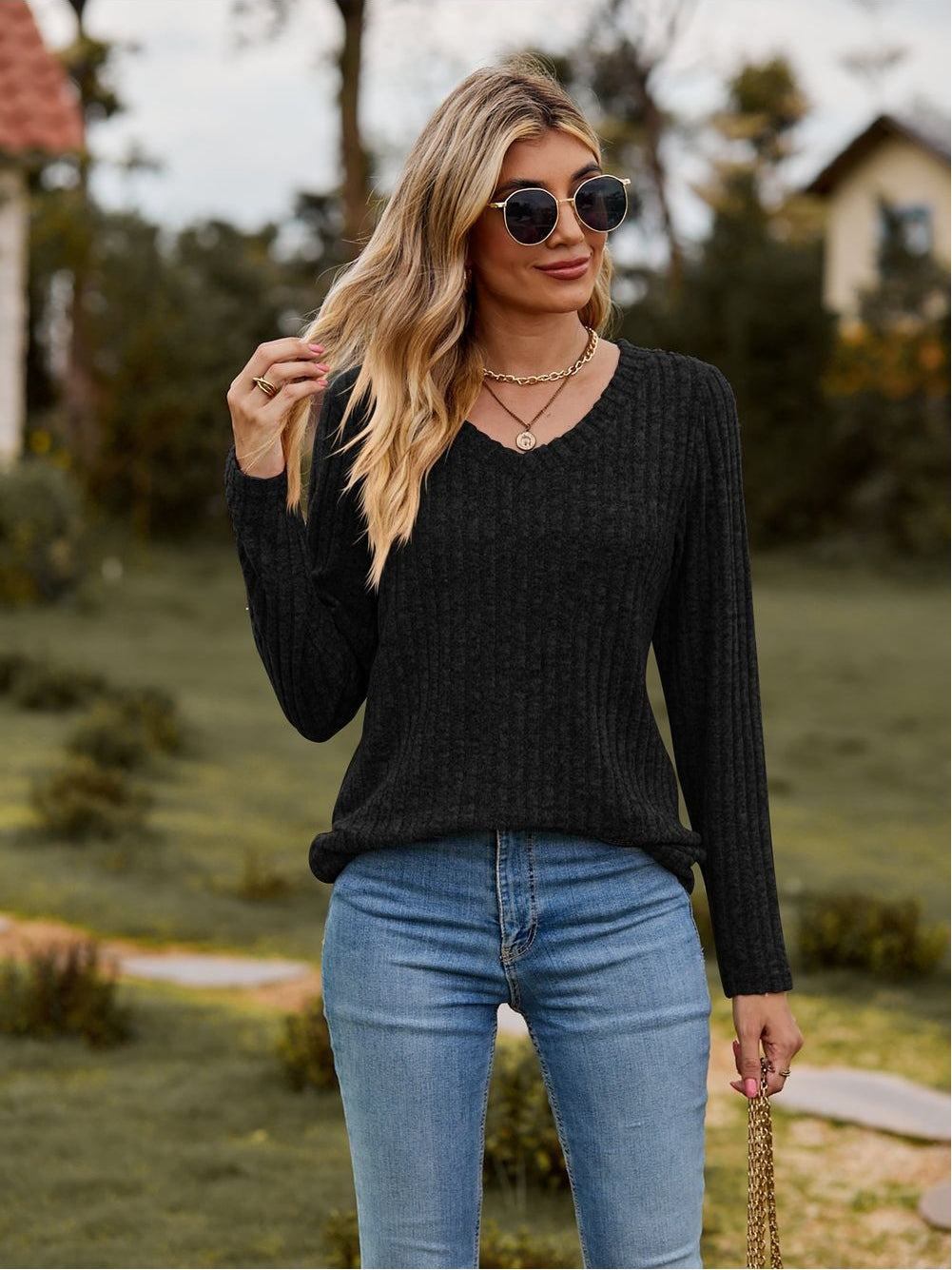 Women Ribbed V-Neck Long Sleeve Tee nicholesgifts