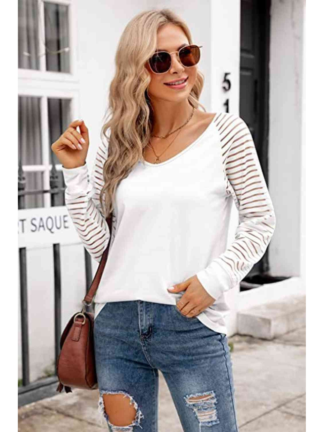 Women V-Neck Long Raglan Sleeve Top nicholesgifts