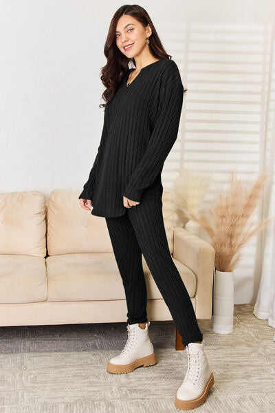 Women Full Size Notched Long Sleeve Top and Pants Set nicholesgifts