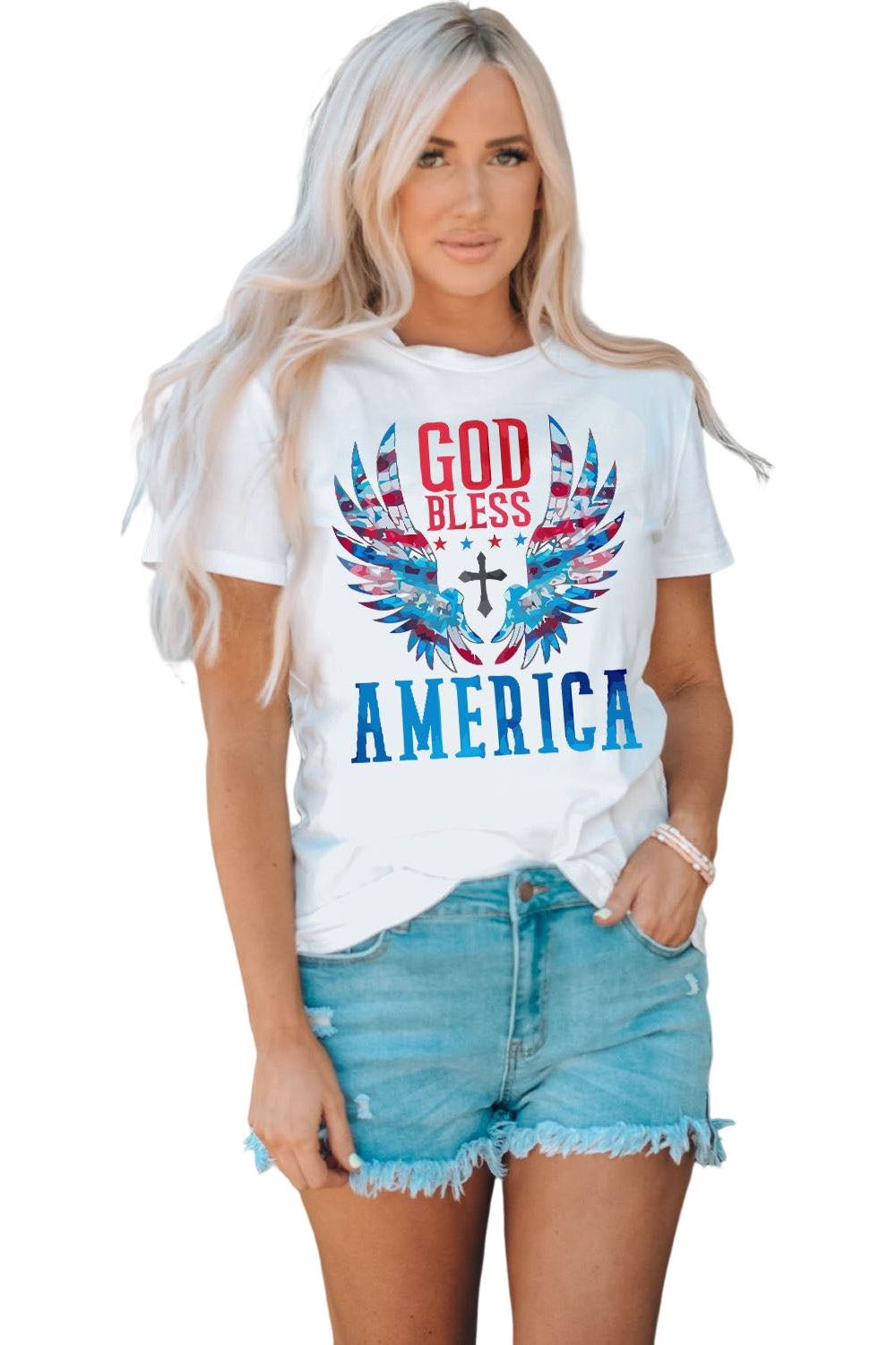 Women GOD BLESS AMERICA Cuffed Tee Shirt nicholesgifts