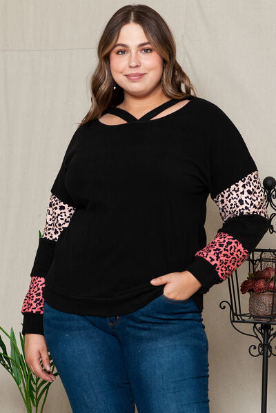 Plus Size Women Leopard Dropped Shoulder Long Sleeve T-Shirt - NicholesGifts.online