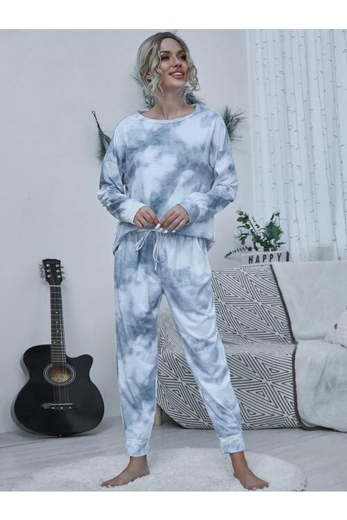 Women Tie-dye Round Neck Top and Drawstring Pants Lounge Set nicholesgifts