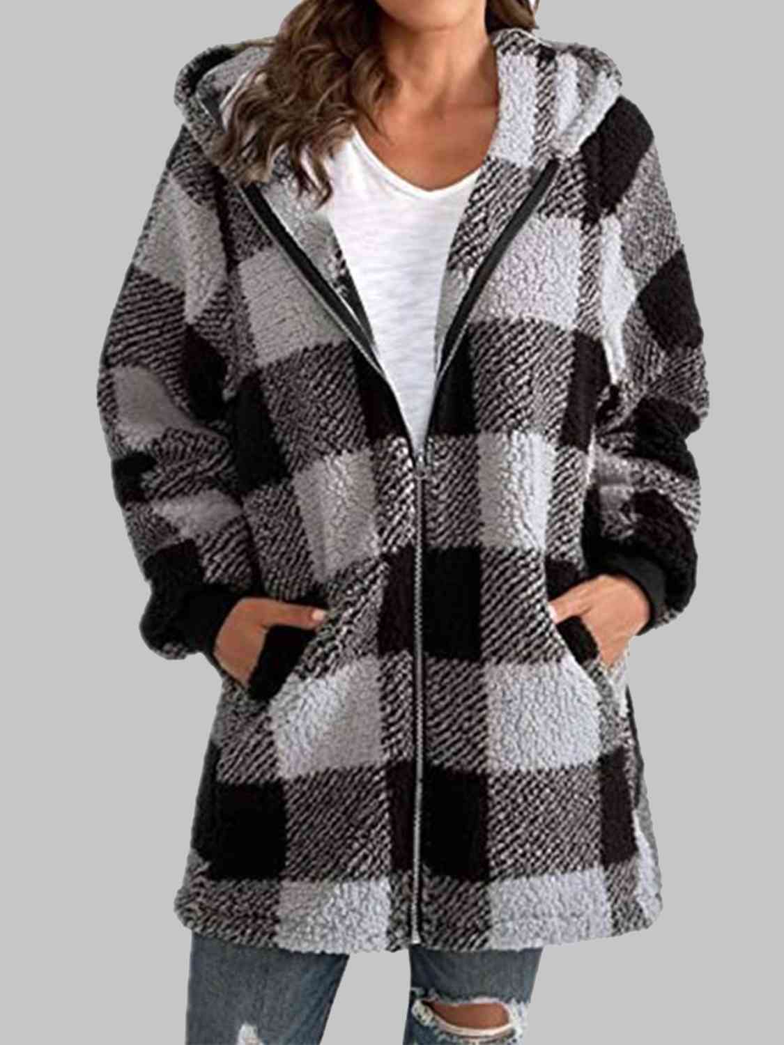 Women Plaid Zip-Up Hooded Jacket with Pockets