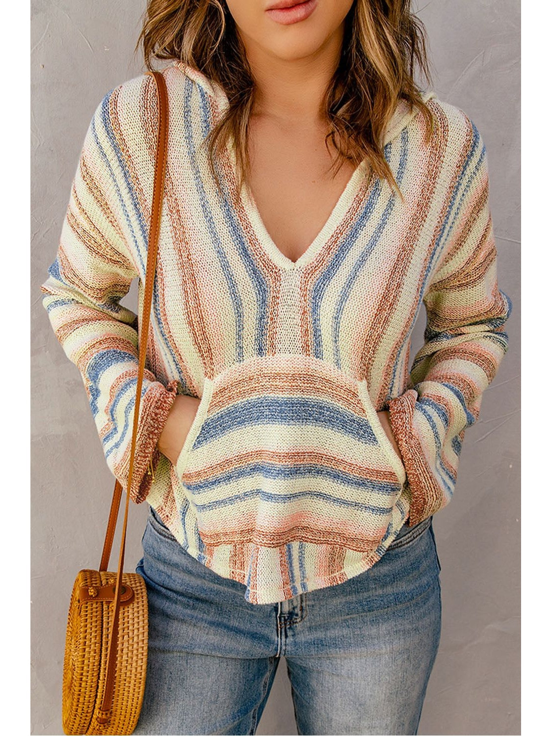 Women Striped Hooded Sweater with Kangaroo Pocket nicholesgifts