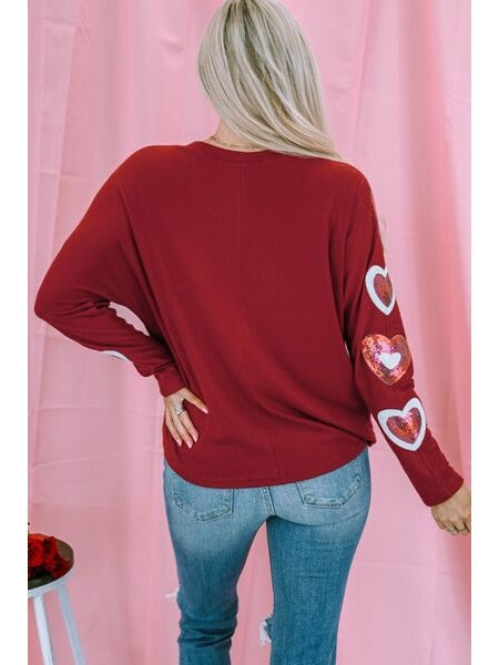 Women Heart Sequin Round Neck Long Sleeve Valentine's Day T-Shirt nicholesgifts