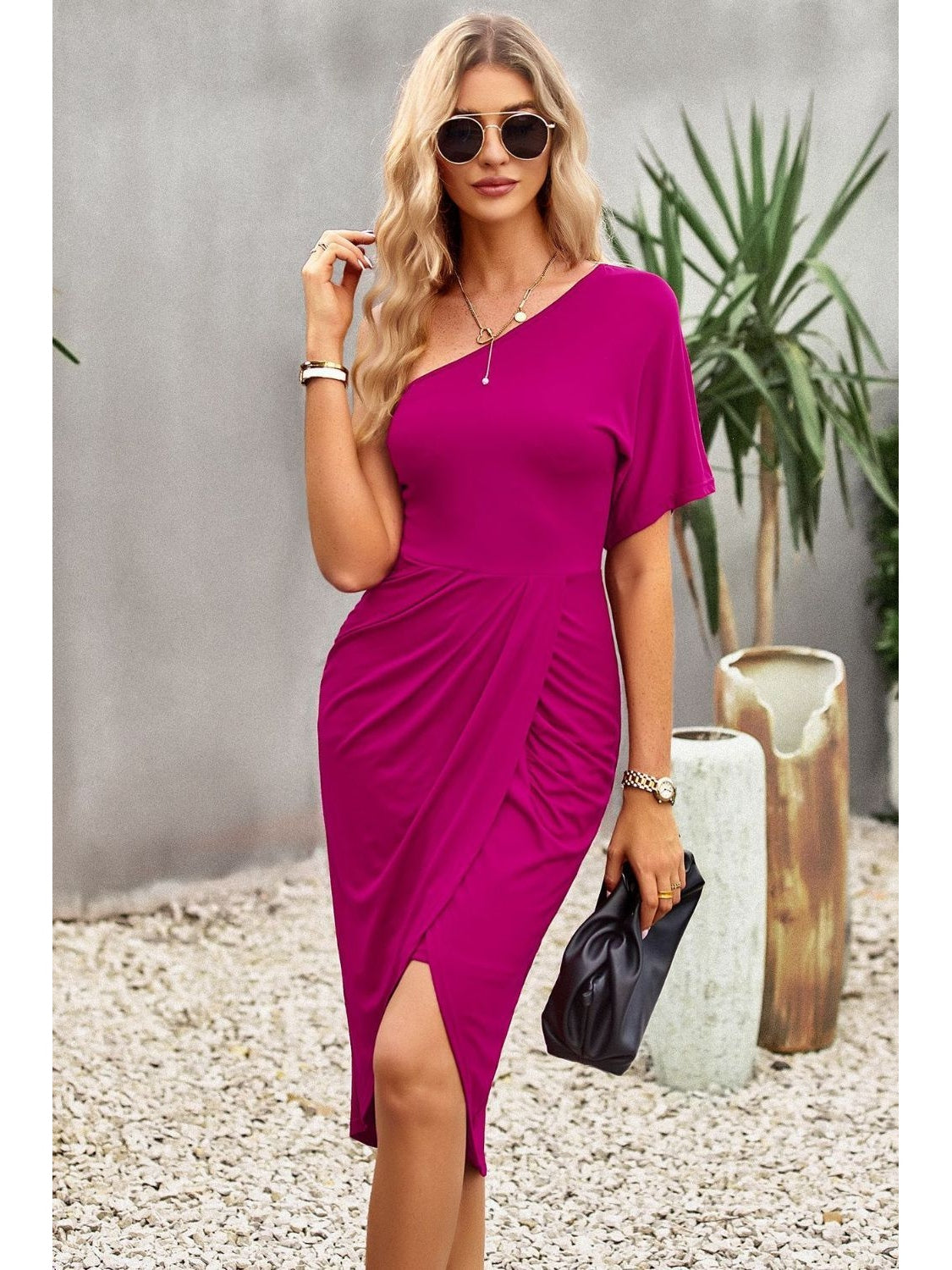 Women Ruched One-Shoulder Tulip Hem Dress nicholesgifts